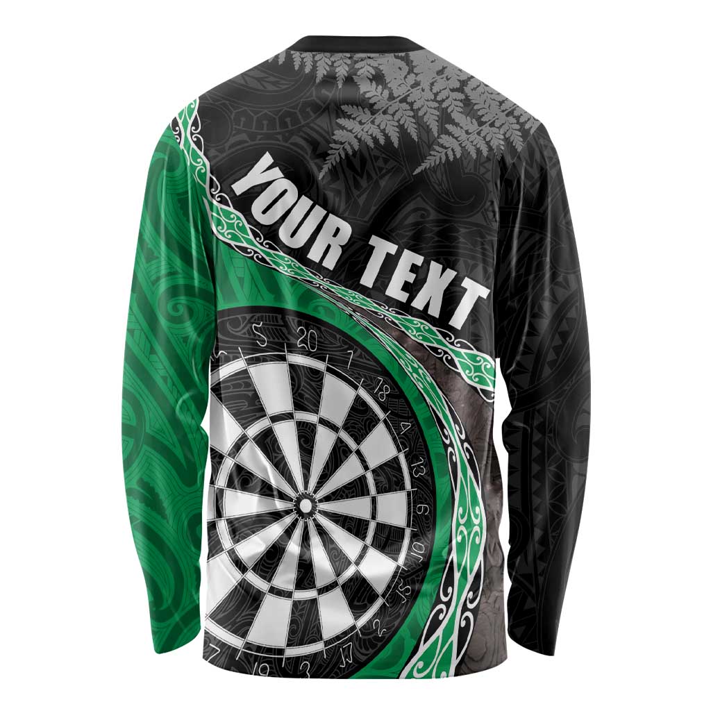 Personalised New Zealand Darts Long Sleeve Shirt Koru Tribal Tattoo and Silver Fern Maori Pattern Green Color