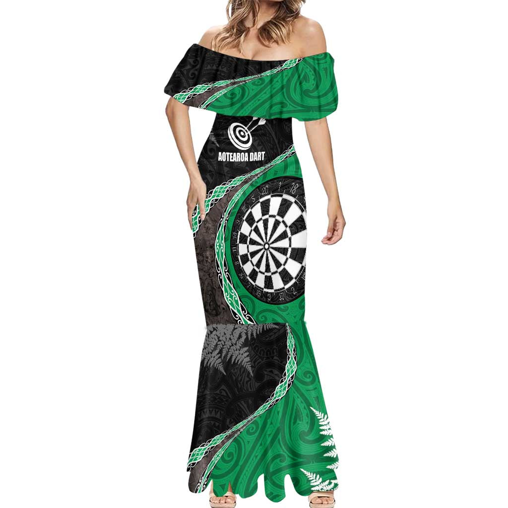 Personalised New Zealand Darts Mermaid Dress Koru Tribal Tattoo and Silver Fern Maori Pattern Green Color