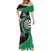 Personalised New Zealand Darts Mermaid Dress Koru Tribal Tattoo and Silver Fern Maori Pattern Green Color