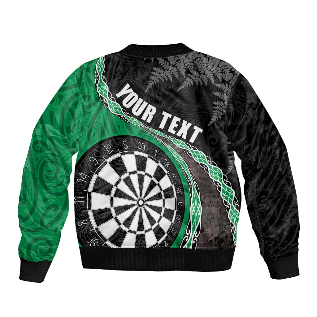 Personalised New Zealand Darts Sleeve Zip Bomber Jacket Koru Tribal Tattoo and Silver Fern Maori Pattern Green Color