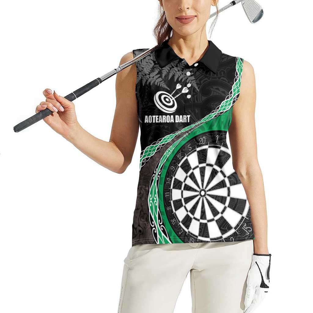 Personalised New Zealand Darts Women Sleeveless Polo Shirt Koru Tribal Tattoo and Silver Fern Maori Pattern Green Color