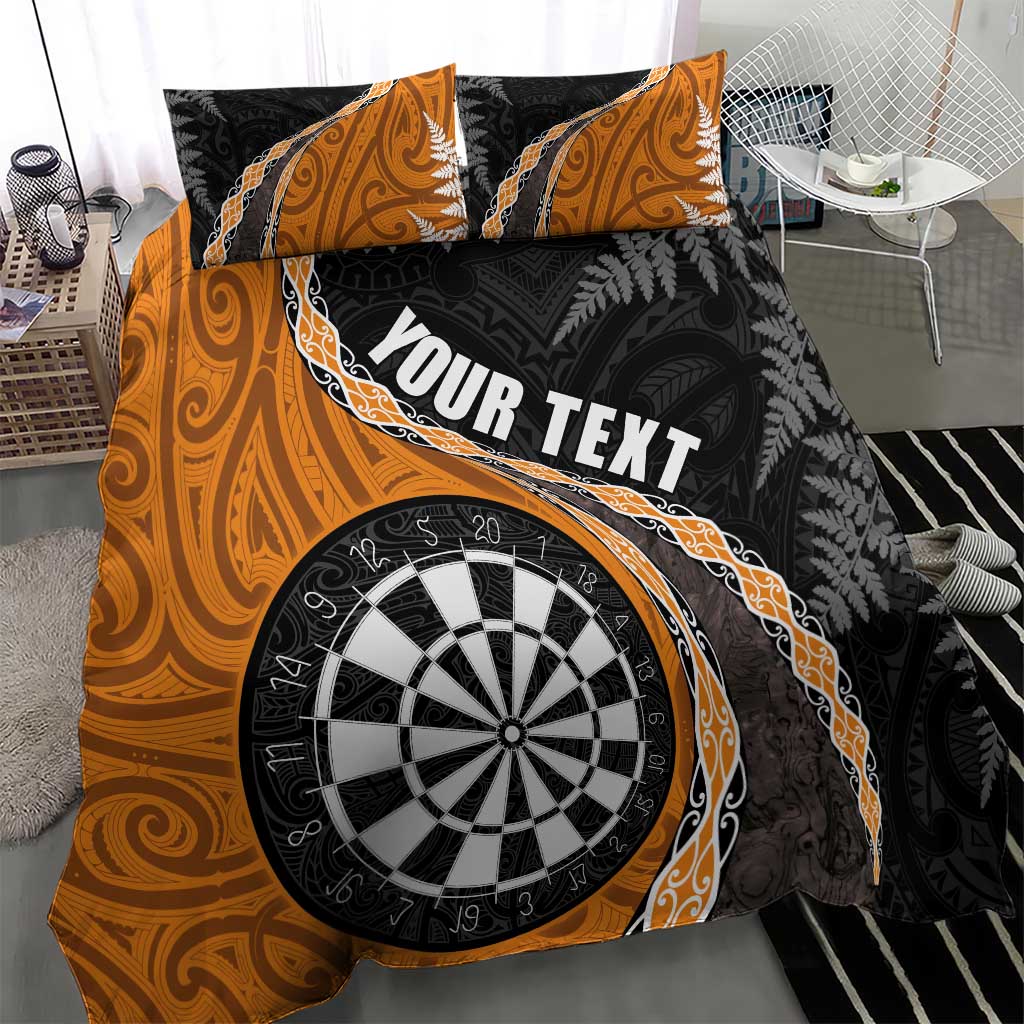 Personalised New Zealand Darts Bedding Set Koru Tribal Tattoo and Silver Fern Maori Pattern Orange Color