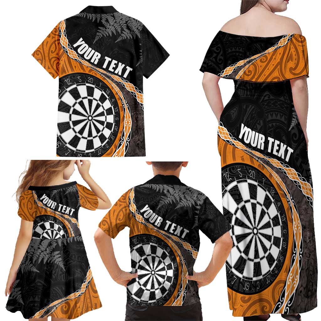 Personalised New Zealand Darts Family Matching Off Shoulder Maxi Dress and Hawaiian Shirt Koru Tribal Tattoo and Silver Fern Maori Pattern Orange Color