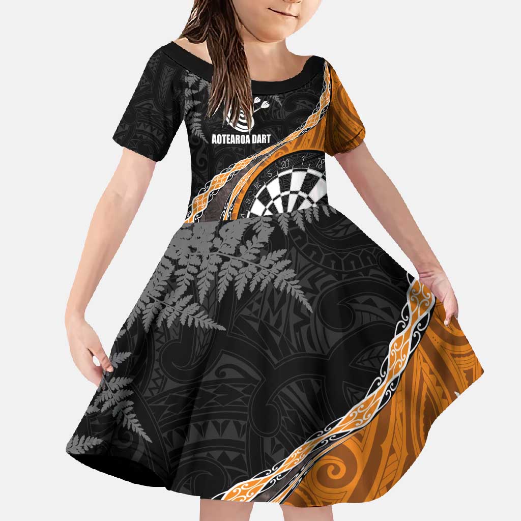 Personalised New Zealand Darts Family Matching Summer Maxi Dress and Hawaiian Shirt Koru Tribal Tattoo and Silver Fern Maori Pattern Orange Color