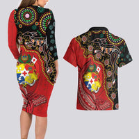 Tonga Ngatu and Australia Together Couples Matching Long Sleeve Bodycon Dress and Hawaiian Shirt Polynesian Humpback Whale and Aboriginal Kangaroo