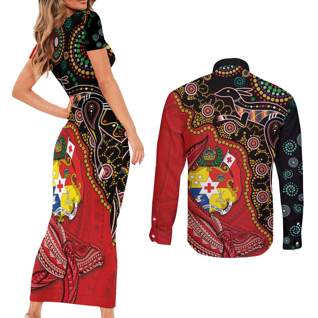 Tonga Ngatu and Australia Together Couples Matching Short Sleeve Bodycon Dress and Long Sleeve Button Shirt Polynesian Humpback Whale and Aboriginal Kangaroo