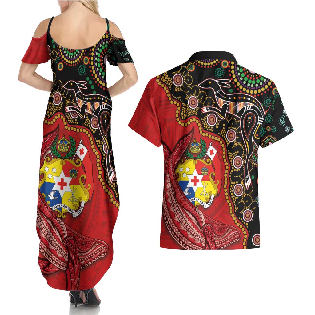 Tonga Ngatu and Australia Together Couples Matching Summer Maxi Dress and Hawaiian Shirt Polynesian Humpback Whale and Aboriginal Kangaroo