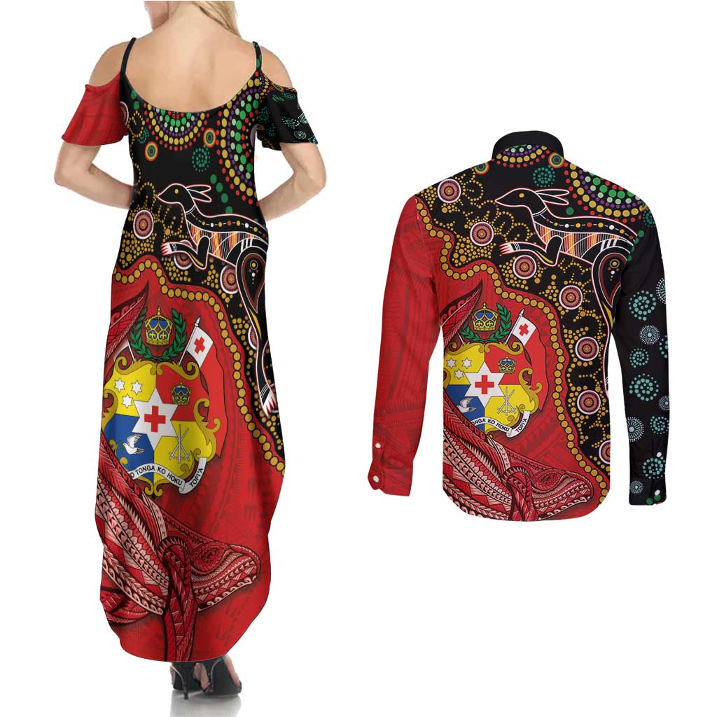 Tonga Ngatu and Australia Together Couples Matching Summer Maxi Dress and Long Sleeve Button Shirt Polynesian Humpback Whale and Aboriginal Kangaroo