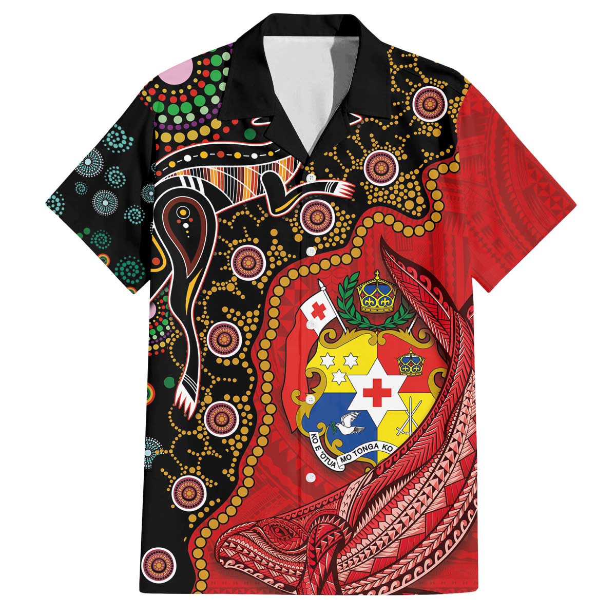 Tonga Ngatu and Australia Together Family Matching Off The Shoulder Long Sleeve Dress and Hawaiian Shirt Polynesian Humpback Whale and Aboriginal Kangaroo