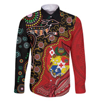 Tonga Ngatu and Australia Together Family Matching Off The Shoulder Long Sleeve Dress and Hawaiian Shirt Polynesian Humpback Whale and Aboriginal Kangaroo