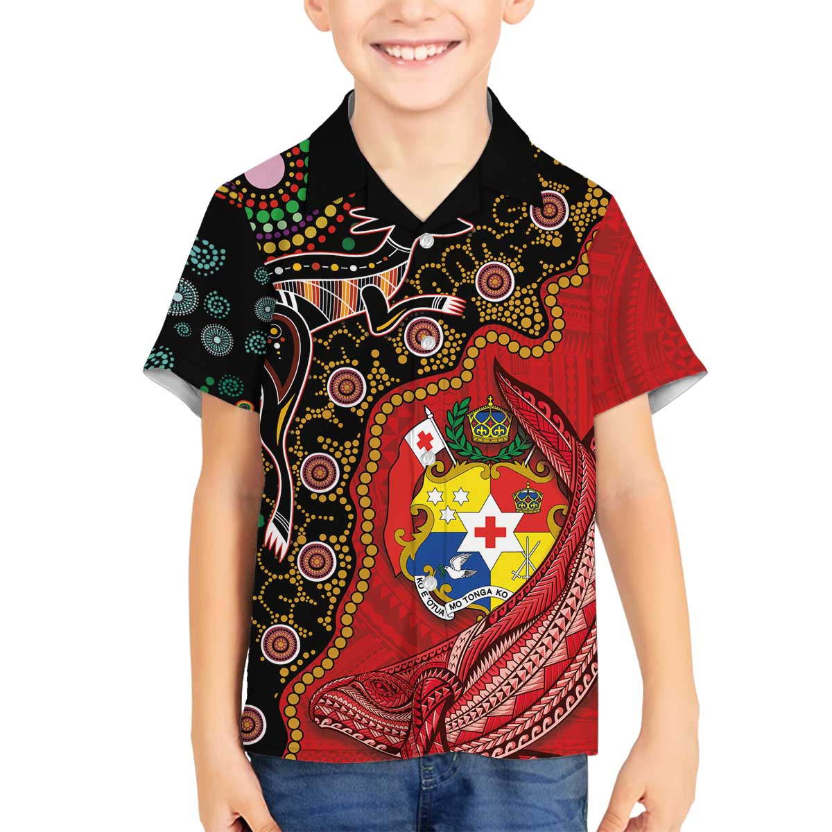 Tonga Ngatu and Australia Together Family Matching Off Shoulder Short Dress and Hawaiian Shirt Polynesian Humpback Whale and Aboriginal Kangaroo