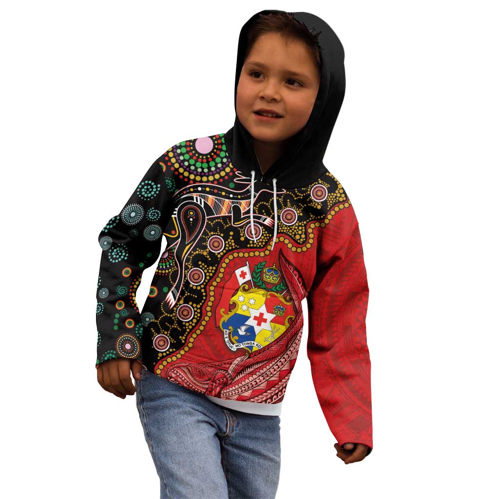 Tonga Ngatu and Australia Together Kid Hoodie Polynesian Humpback Whale and Aboriginal Kangaroo