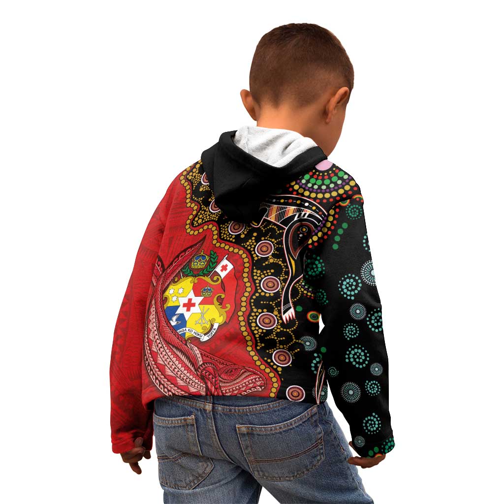 Tonga Ngatu and Australia Together Kid Hoodie Polynesian Humpback Whale and Aboriginal Kangaroo
