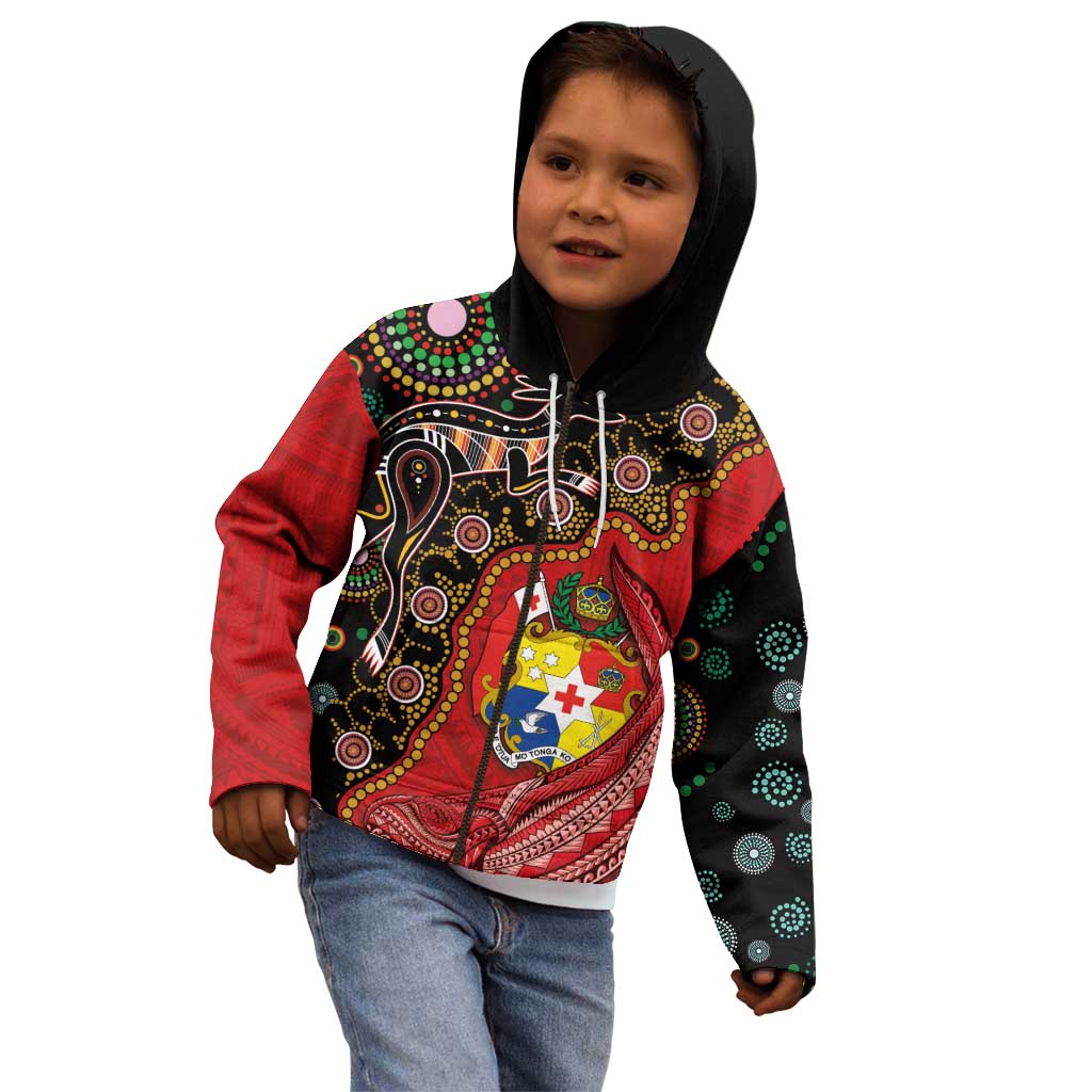 Tonga Ngatu and Australia Together Kid Hoodie Polynesian Humpback Whale and Aboriginal Kangaroo