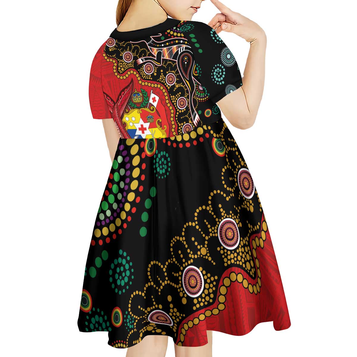 Tonga Ngatu and Australia Together Kid Short Sleeve Dress Polynesian Humpback Whale and Aboriginal Kangaroo