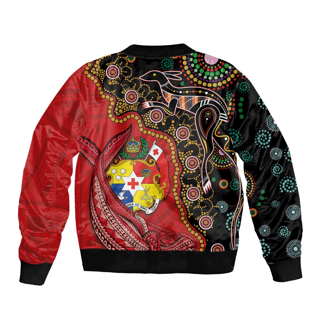 Tonga Ngatu and Australia Together Sleeve Zip Bomber Jacket Polynesian Humpback Whale and Aboriginal Kangaroo