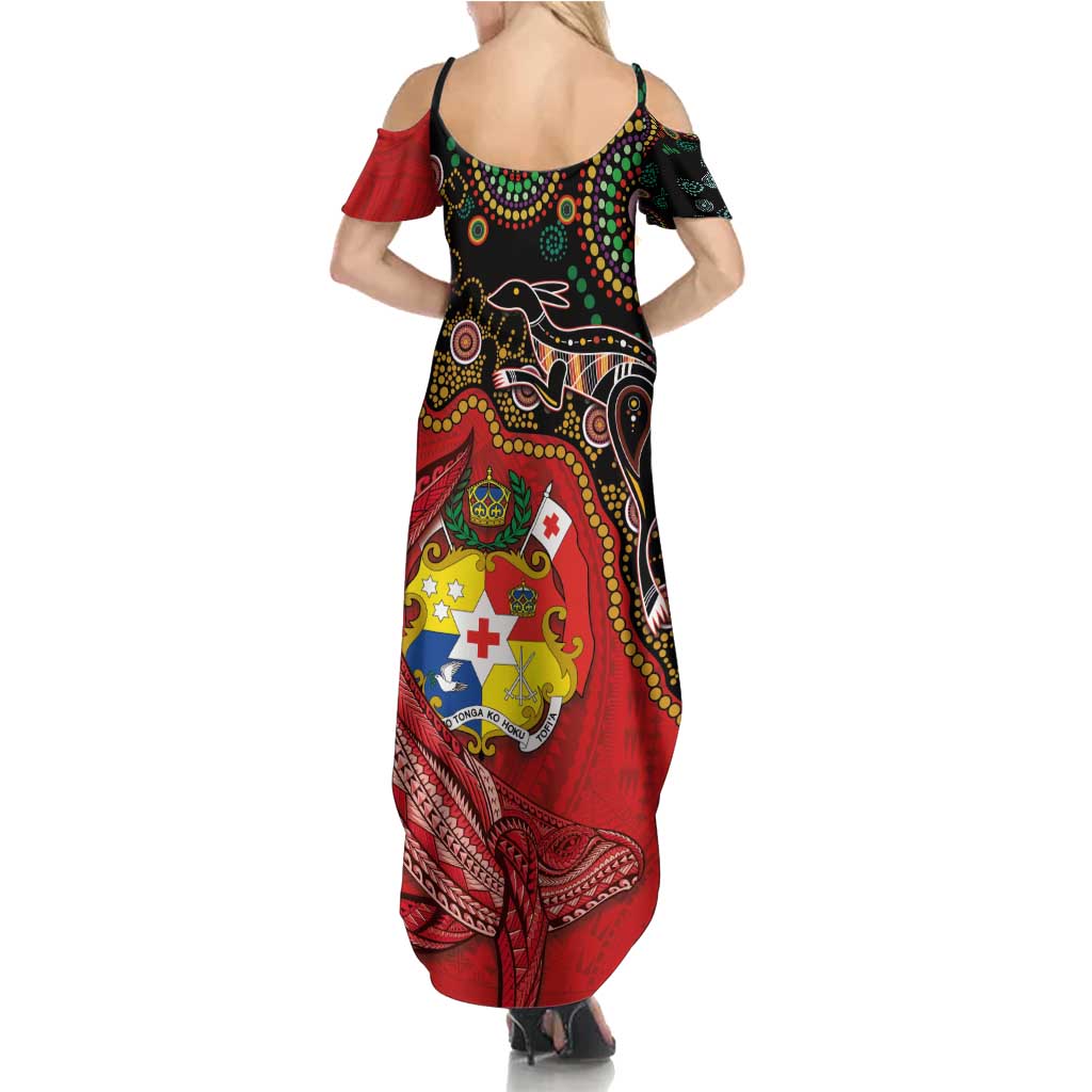 Tonga Ngatu and Australia Together Summer Maxi Dress Polynesian Humpback Whale and Aboriginal Kangaroo