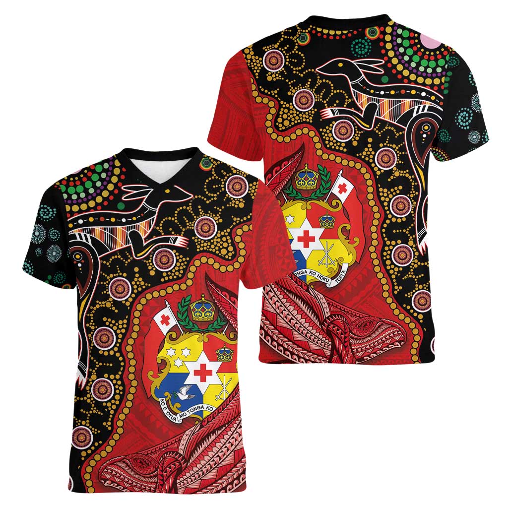 Tonga Ngatu and Australia Together Women V-Neck T-Shirt Polynesian Humpback Whale and Aboriginal Kangaroo