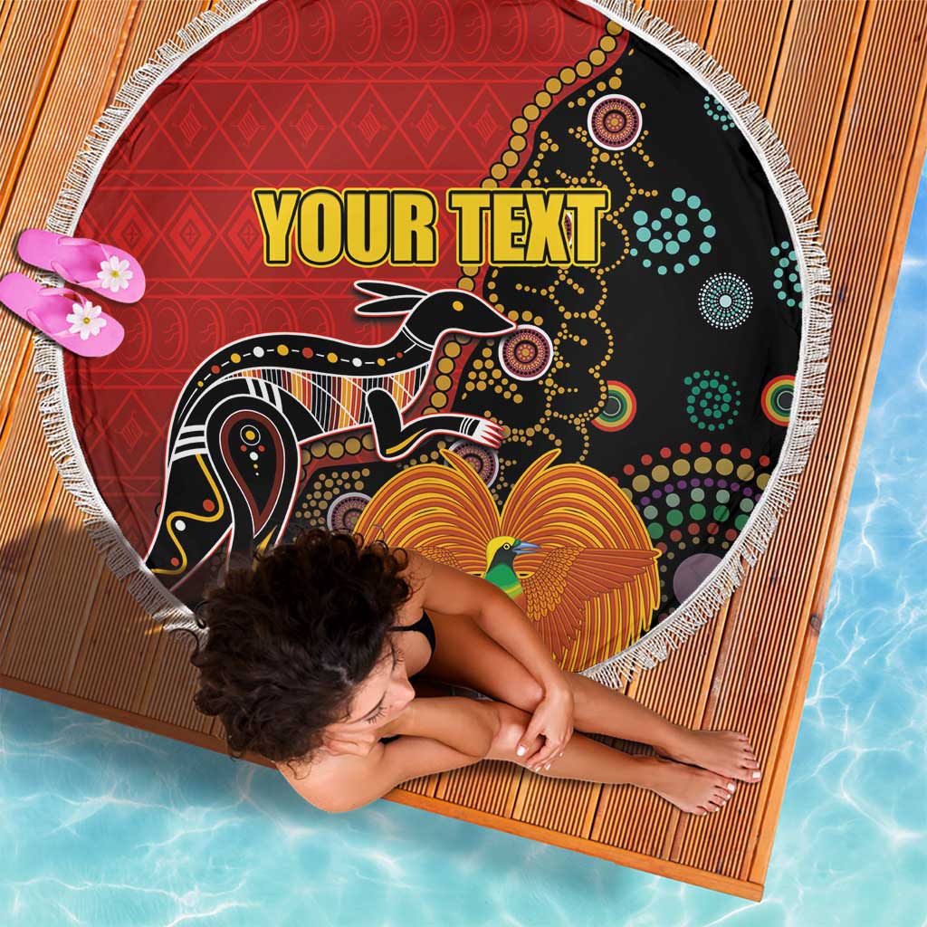 Personalised Papua New Guinea and Australia Together Beach Blanket Bird-of-paradise and Kangaroo with Aboriginal Pattern