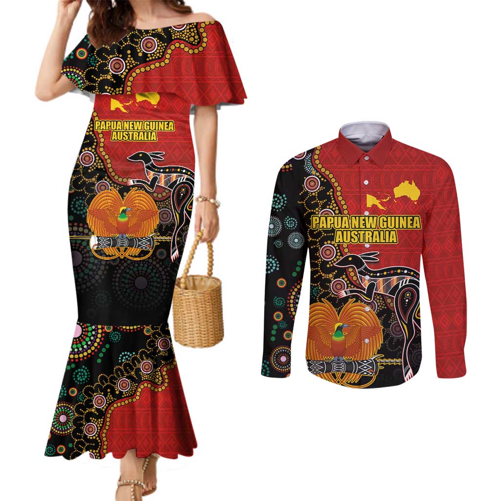 Personalised Papua New Guinea and Australia Together Couples Matching Mermaid Dress and Long Sleeve Button Shirt Bird-of-paradise and Kangaroo with Aboriginal Pattern