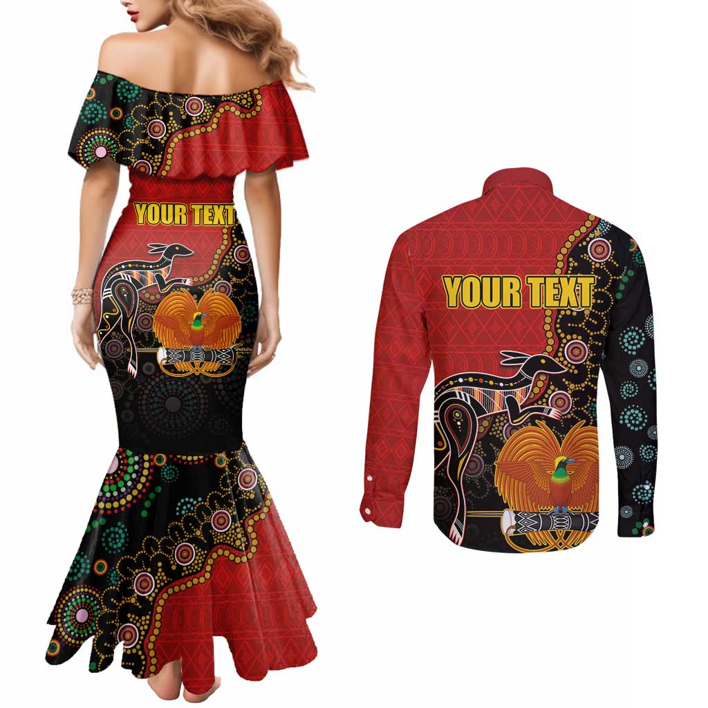 Personalised Papua New Guinea and Australia Together Couples Matching Mermaid Dress and Long Sleeve Button Shirt Bird-of-paradise and Kangaroo with Aboriginal Pattern