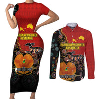 Personalised Papua New Guinea and Australia Together Couples Matching Short Sleeve Bodycon Dress and Long Sleeve Button Shirt Bird-of-paradise and Kangaroo with Aboriginal Pattern