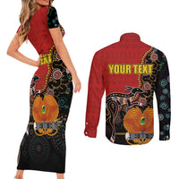 Personalised Papua New Guinea and Australia Together Couples Matching Short Sleeve Bodycon Dress and Long Sleeve Button Shirt Bird-of-paradise and Kangaroo with Aboriginal Pattern