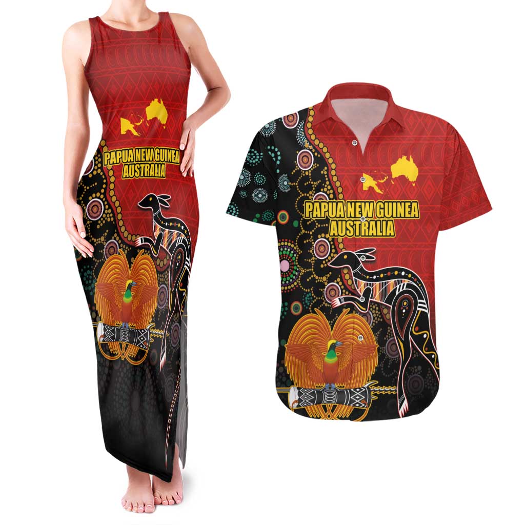 Personalised Papua New Guinea and Australia Together Couples Matching Tank Maxi Dress and Hawaiian Shirt Bird-of-paradise and Kangaroo with Aboriginal Pattern