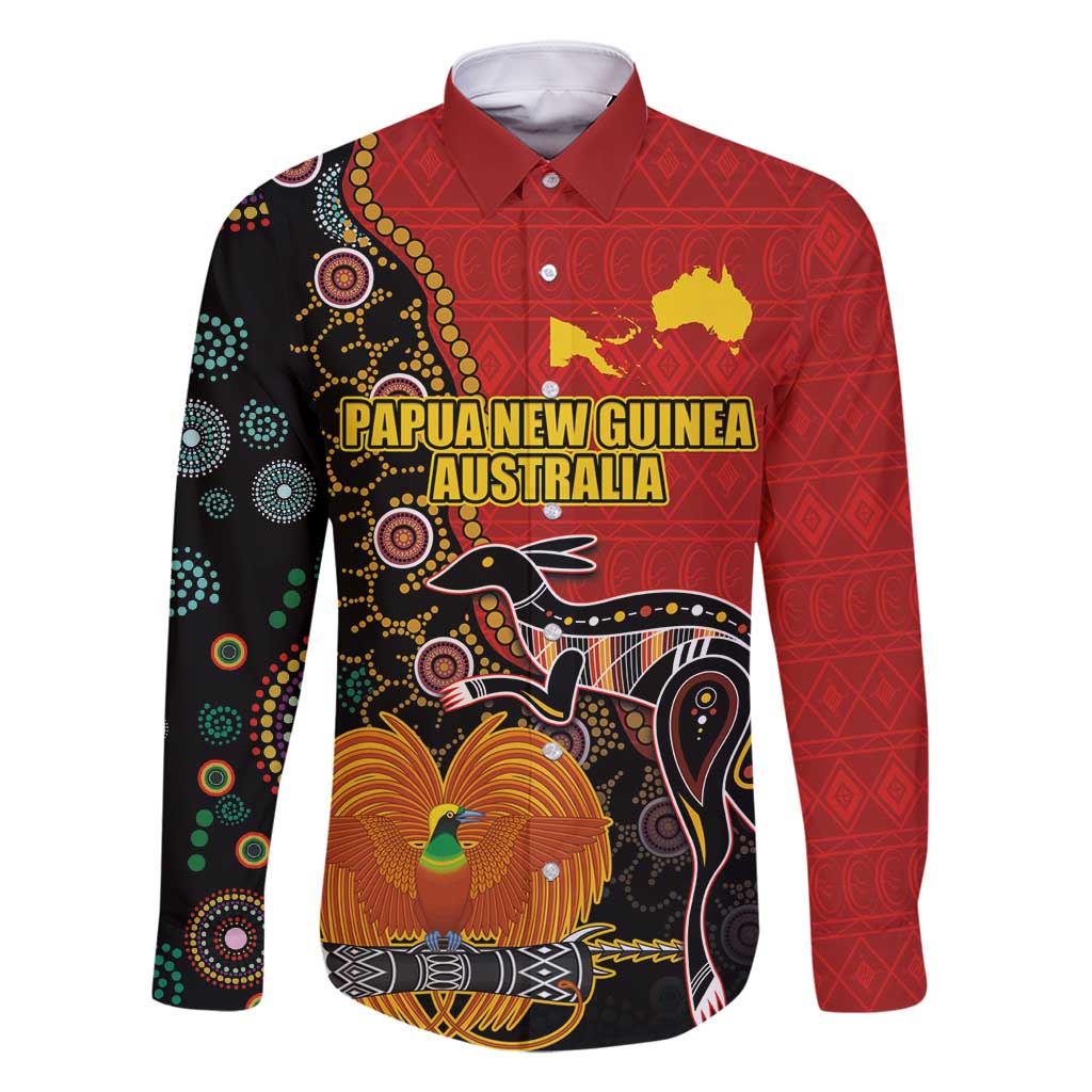 Personalised Papua New Guinea and Australia Together Family Matching Long Sleeve Bodycon Dress and Hawaiian Shirt Bird-of-paradise and Kangaroo with Aboriginal Pattern