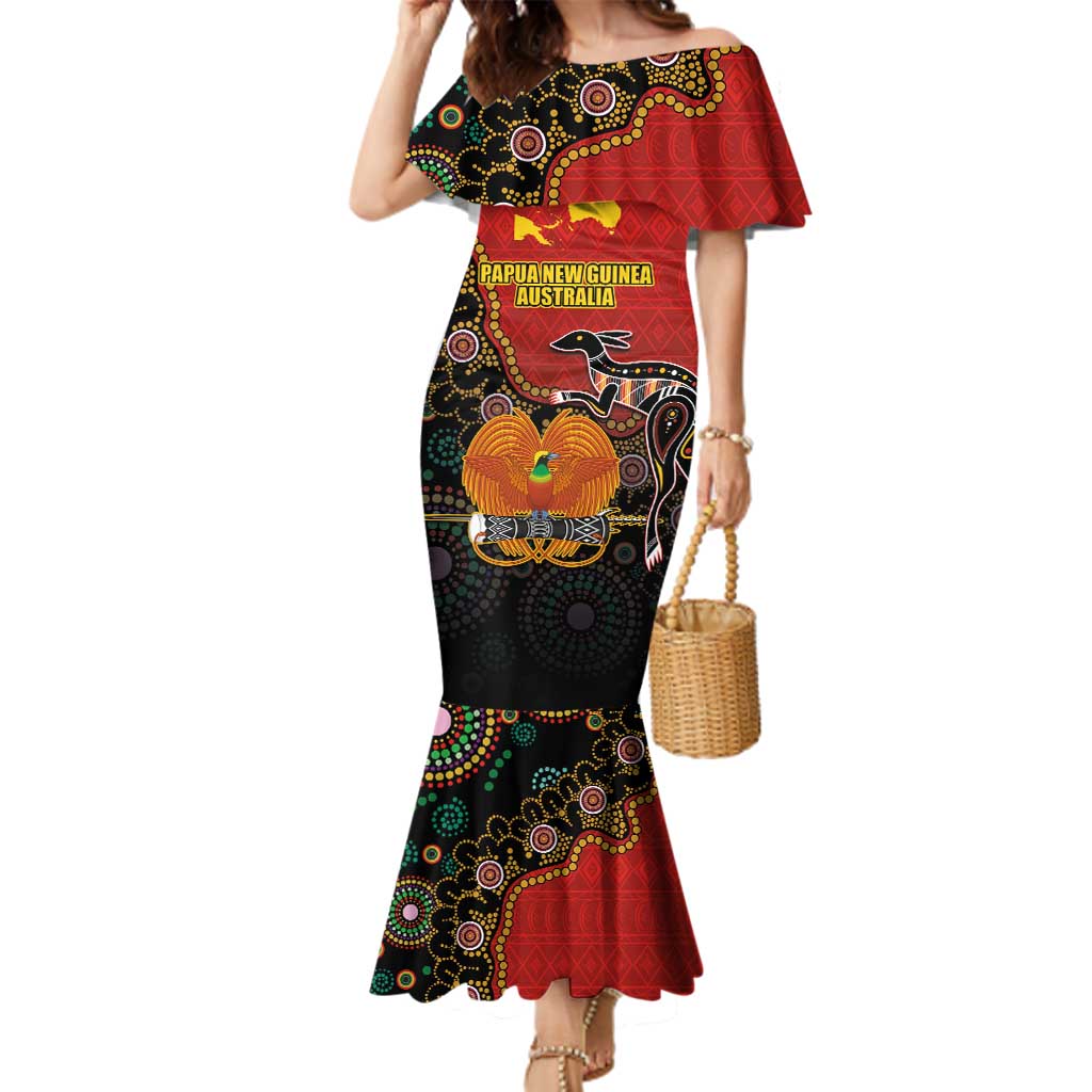 Personalised Papua New Guinea and Australia Together Family Matching Mermaid Dress and Hawaiian Shirt Bird-of-paradise and Kangaroo with Aboriginal Pattern