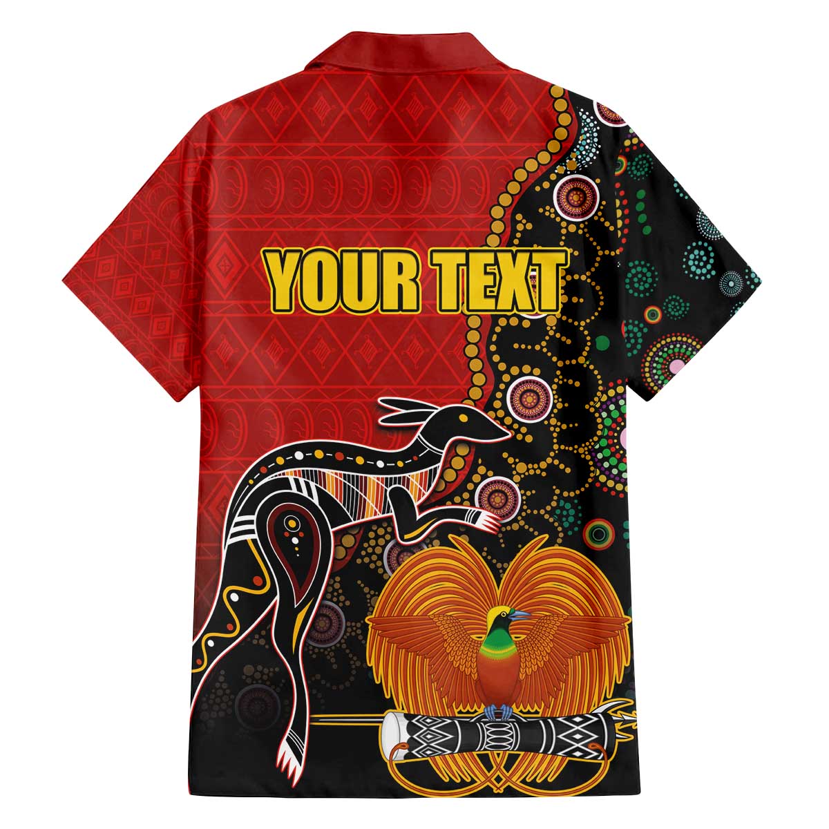 Personalised Papua New Guinea and Australia Together Family Matching Off Shoulder Short Dress and Hawaiian Shirt Bird-of-paradise and Kangaroo with Aboriginal Pattern