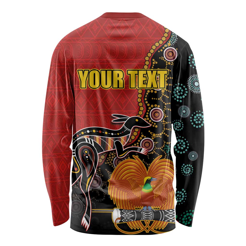 Personalised Papua New Guinea and Australia Together Long Sleeve Shirt Bird-of-paradise and Kangaroo with Aboriginal Pattern