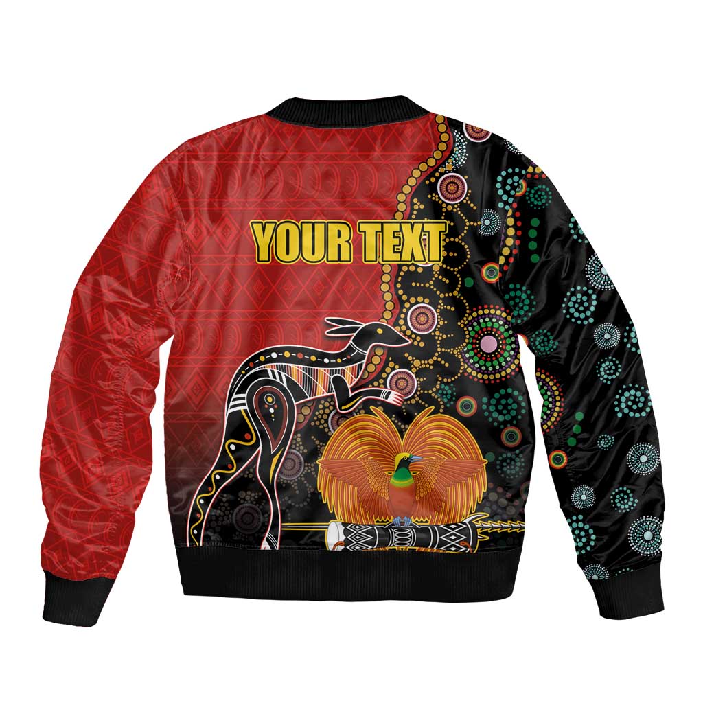 Personalised Papua New Guinea and Australia Together Sleeve Zip Bomber Jacket Bird-of-paradise and Kangaroo with Aboriginal Pattern