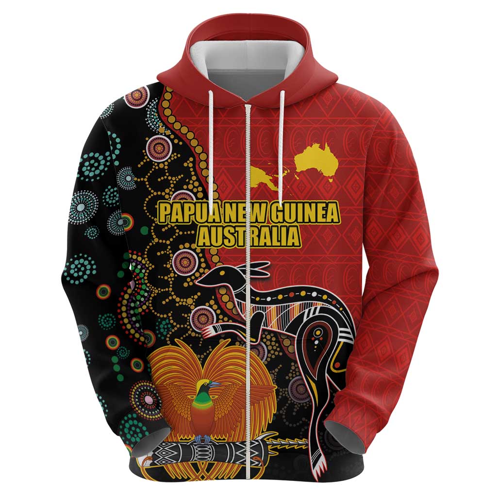 Personalised Papua New Guinea and Australia Together Zip Hoodie Bird-of-paradise and Kangaroo with Aboriginal Pattern