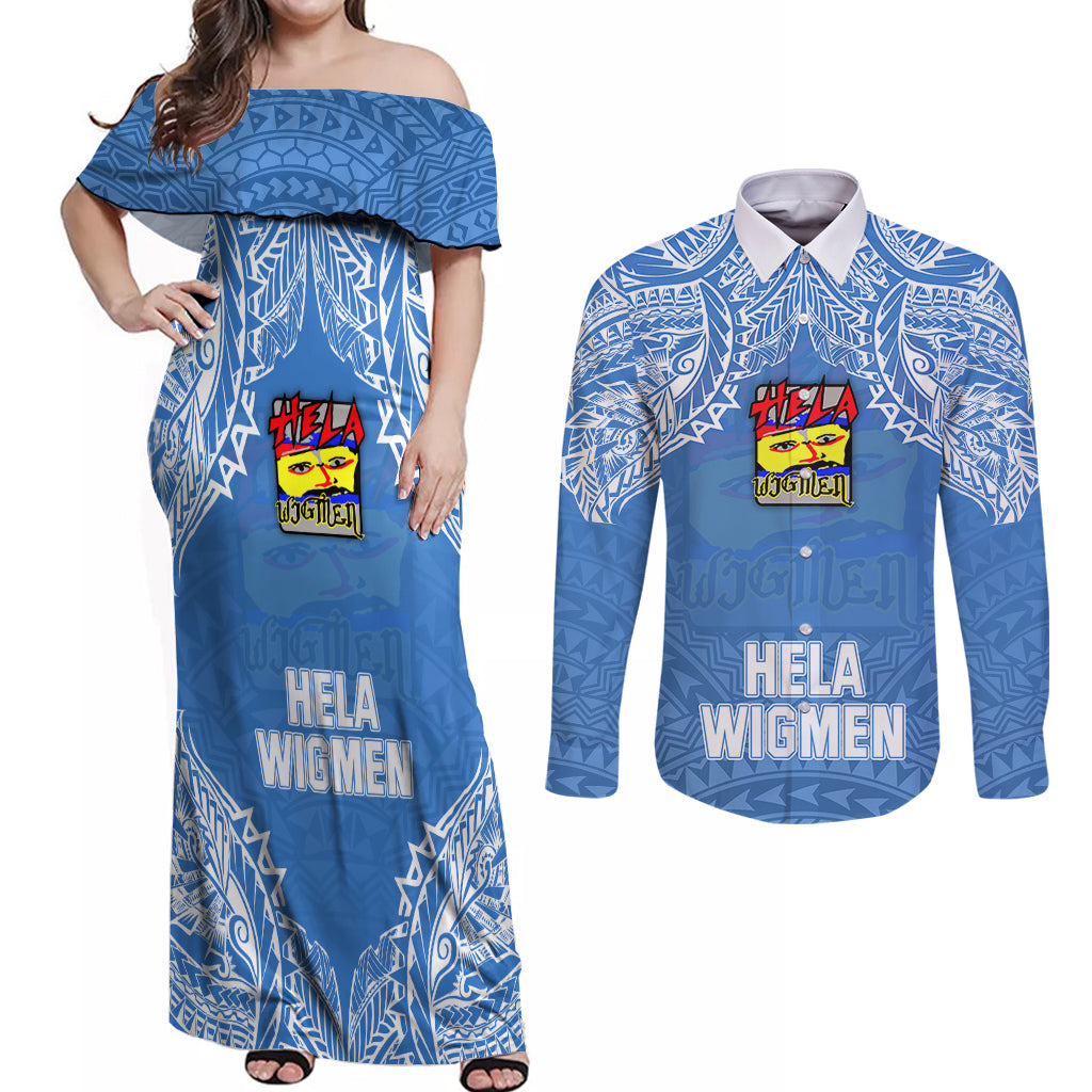 Hela Wigmen Rugby Couples Matching Off Shoulder Maxi Dress and Long Sleeve Button Shirts Papua New Guinea Polynesian Tattoo LT03 Blue - Polynesian Pride