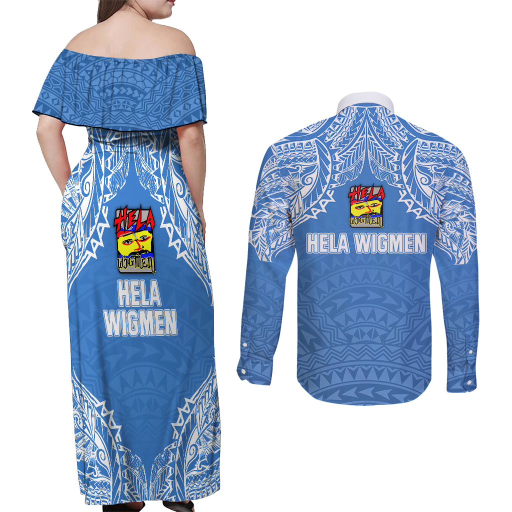 Hela Wigmen Rugby Couples Matching Off Shoulder Maxi Dress and Long Sleeve Button Shirts Papua New Guinea Polynesian Tattoo LT03 - Polynesian Pride