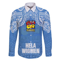Hela Wigmen Rugby Family Matching Off Shoulder Maxi Dress and Hawaiian Shirt Papua New Guinea Polynesian Tattoo LT03 Dad's Shirt - Long Sleeve Blue - Polynesian Pride