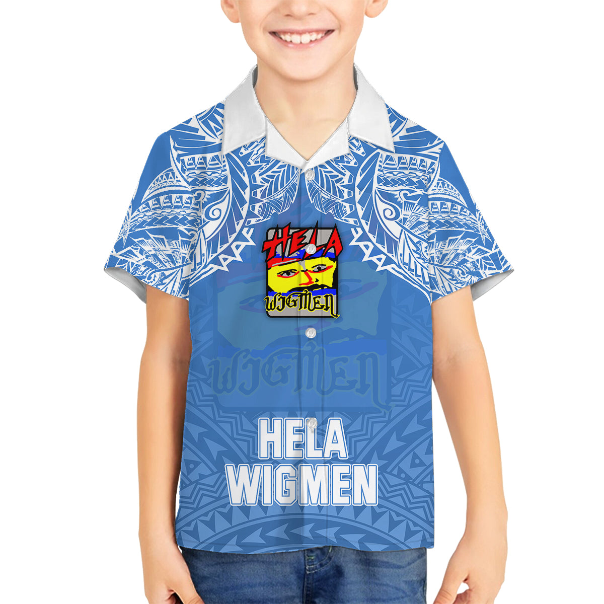 Hela Wigmen Rugby Family Matching Off Shoulder Maxi Dress and Hawaiian Shirt Papua New Guinea Polynesian Tattoo LT03 Son's Shirt Blue - Polynesian Pride