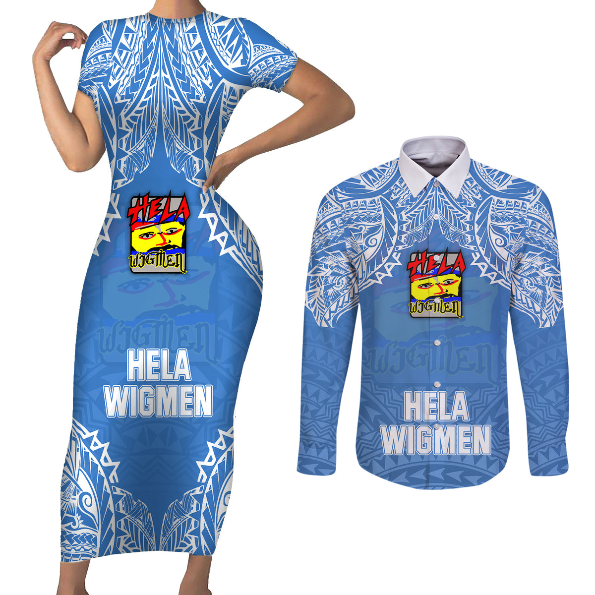 Custom Hela Wigmen Rugby Couples Matching Short Sleeve Bodycon Dress and Long Sleeve Button Shirts Papua New Guinea Polynesian Tattoo LT03 Blue - Polynesian Pride