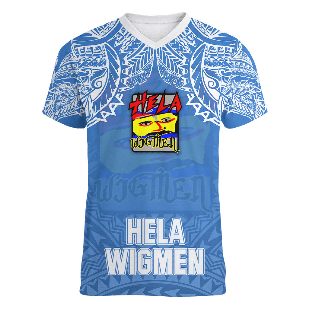 Custom Hela Wigmen Rugby Women V Neck T Shirt Papua New Guinea Polynesian Tattoo LT03 Female Blue - Polynesian Pride