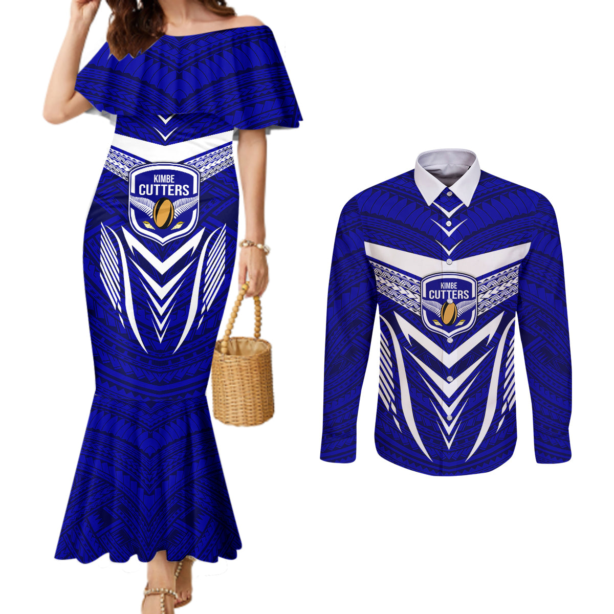 Kimbe Cutters Rugby Couples Matching Mermaid Dress and Long Sleeve Button Shirts Papua New Guinea Polynesian Tattoo Blue Version LT03 Blue - Polynesian Pride