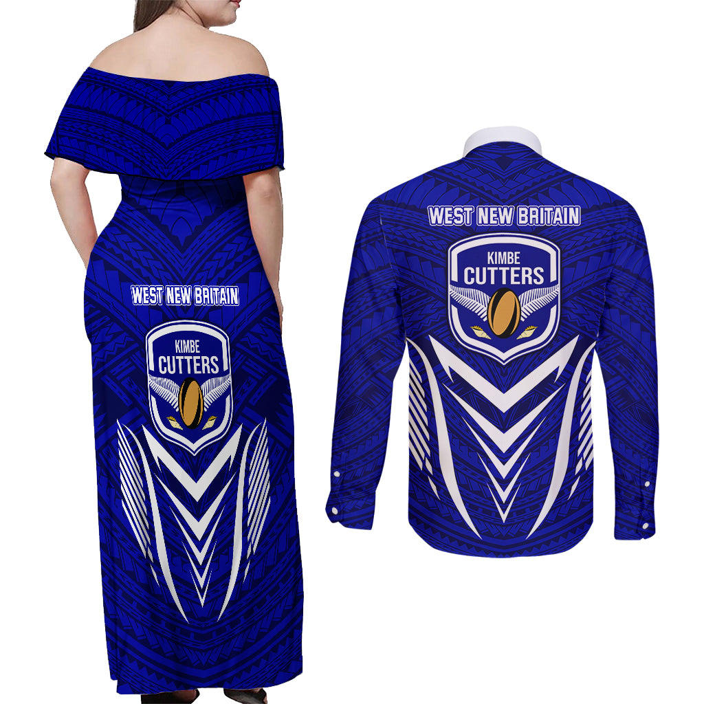 Kimbe Cutters Rugby Couples Matching Off Shoulder Maxi Dress and Long Sleeve Button Shirts Papua New Guinea Polynesian Tattoo Blue Version LT03 - Polynesian Pride