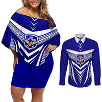 Kimbe Cutters Rugby Couples Matching Off Shoulder Short Dress and Long Sleeve Button Shirts Papua New Guinea Polynesian Tattoo Blue Version LT03 Blue - Polynesian Pride