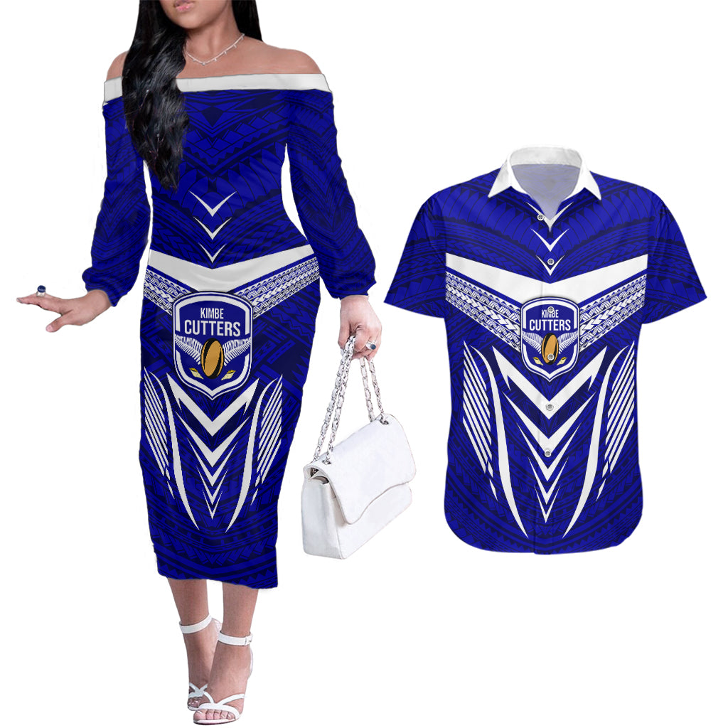 Kimbe Cutters Rugby Couples Matching Off The Shoulder Long Sleeve Dress and Hawaiian Shirt Papua New Guinea Polynesian Tattoo Blue Version LT03 Blue - Polynesian Pride