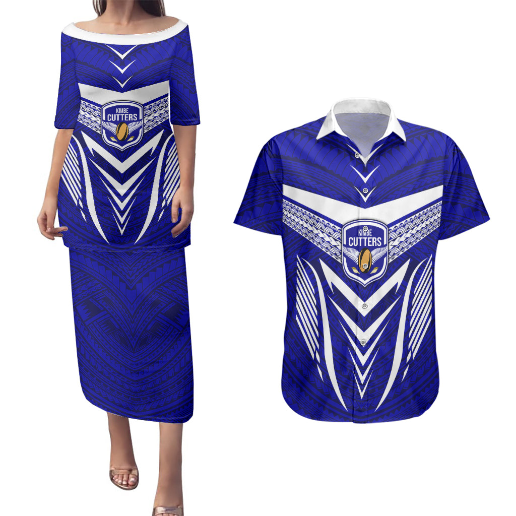 Kimbe Cutters Rugby Couples Matching Puletasi Dress and Hawaiian Shirt Papua New Guinea Polynesian Tattoo Blue Version LT03 Blue - Polynesian Pride