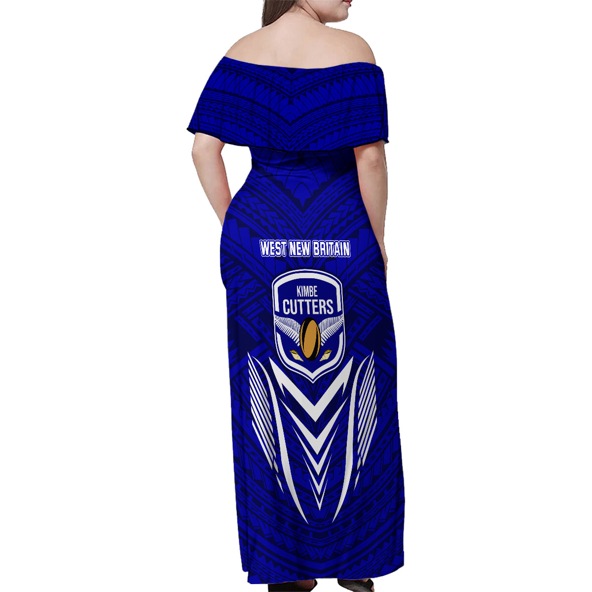 Kimbe Cutters Rugby Family Matching Off Shoulder Maxi Dress and Hawaiian Shirt Papua New Guinea Polynesian Tattoo Blue Version LT03 - Polynesian Pride