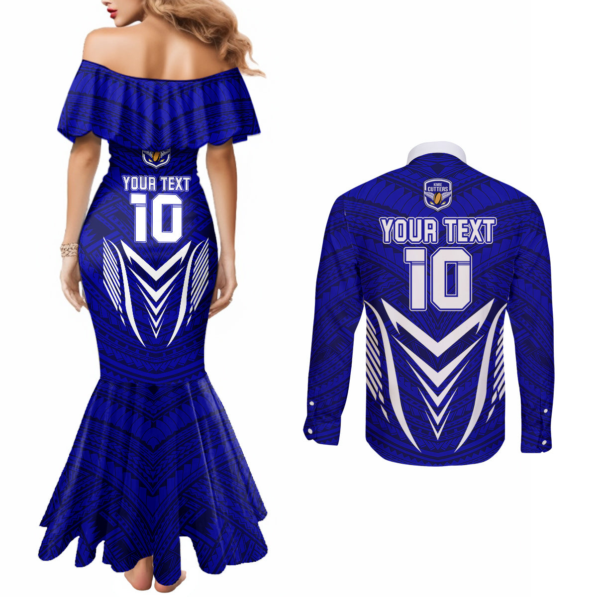 Custom Kimbe Cutters Rugby Couples Matching Mermaid Dress and Long Sleeve Button Shirts Papua New Guinea Polynesian Tattoo Blue Version LT03 - Polynesian Pride