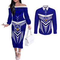 Custom Kimbe Cutters Rugby Couples Matching Off The Shoulder Long Sleeve Dress and Long Sleeve Button Shirts Papua New Guinea Polynesian Tattoo Blue Version LT03 Blue - Polynesian Pride