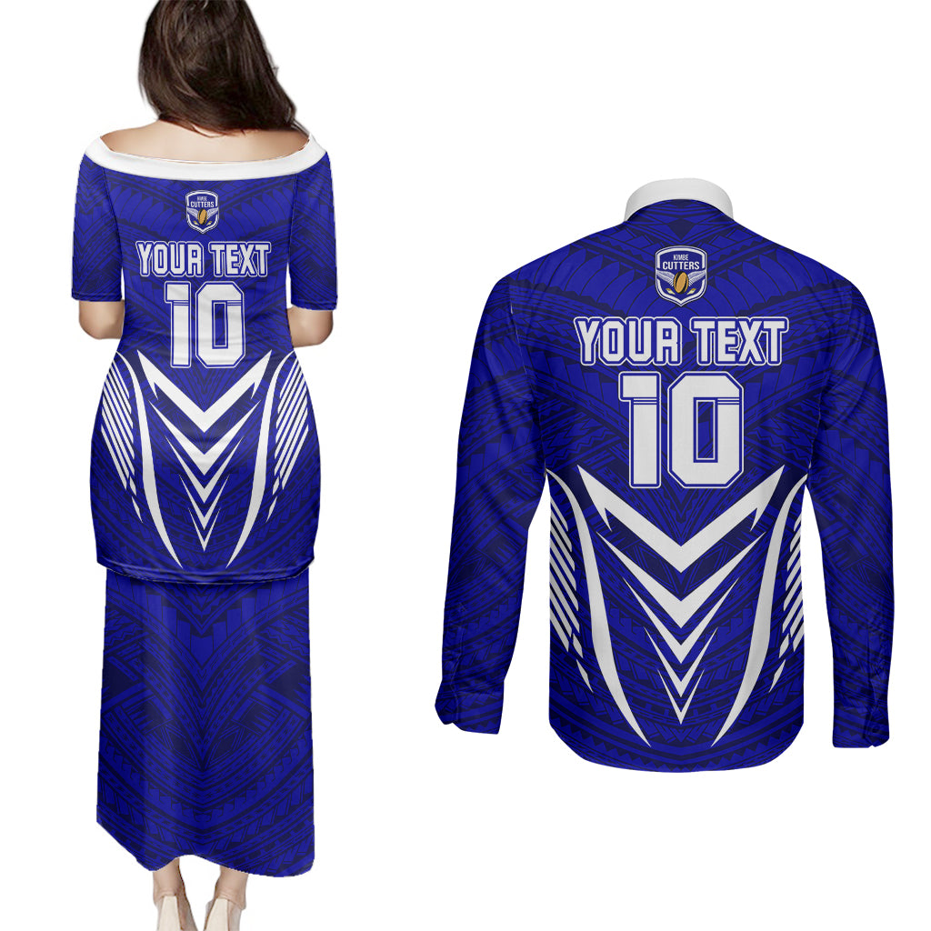 Custom Kimbe Cutters Rugby Couples Matching Puletasi Dress and Long Sleeve Button Shirts Papua New Guinea Polynesian Tattoo Blue Version LT03 - Polynesian Pride