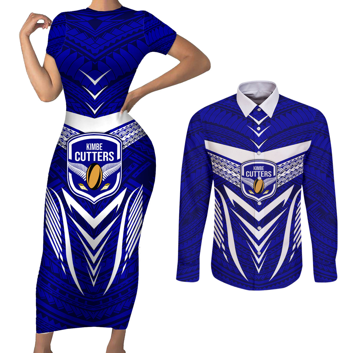 Custom Kimbe Cutters Rugby Couples Matching Short Sleeve Bodycon Dress and Long Sleeve Button Shirts Papua New Guinea Polynesian Tattoo Blue Version LT03 Blue - Polynesian Pride
